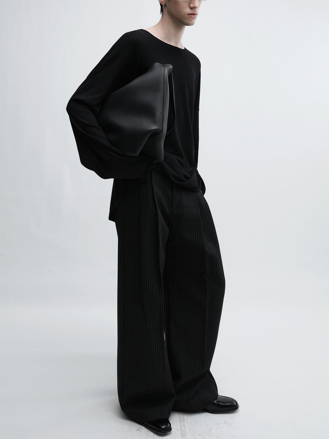 Woolen Black Striped Wide-Leg Pants