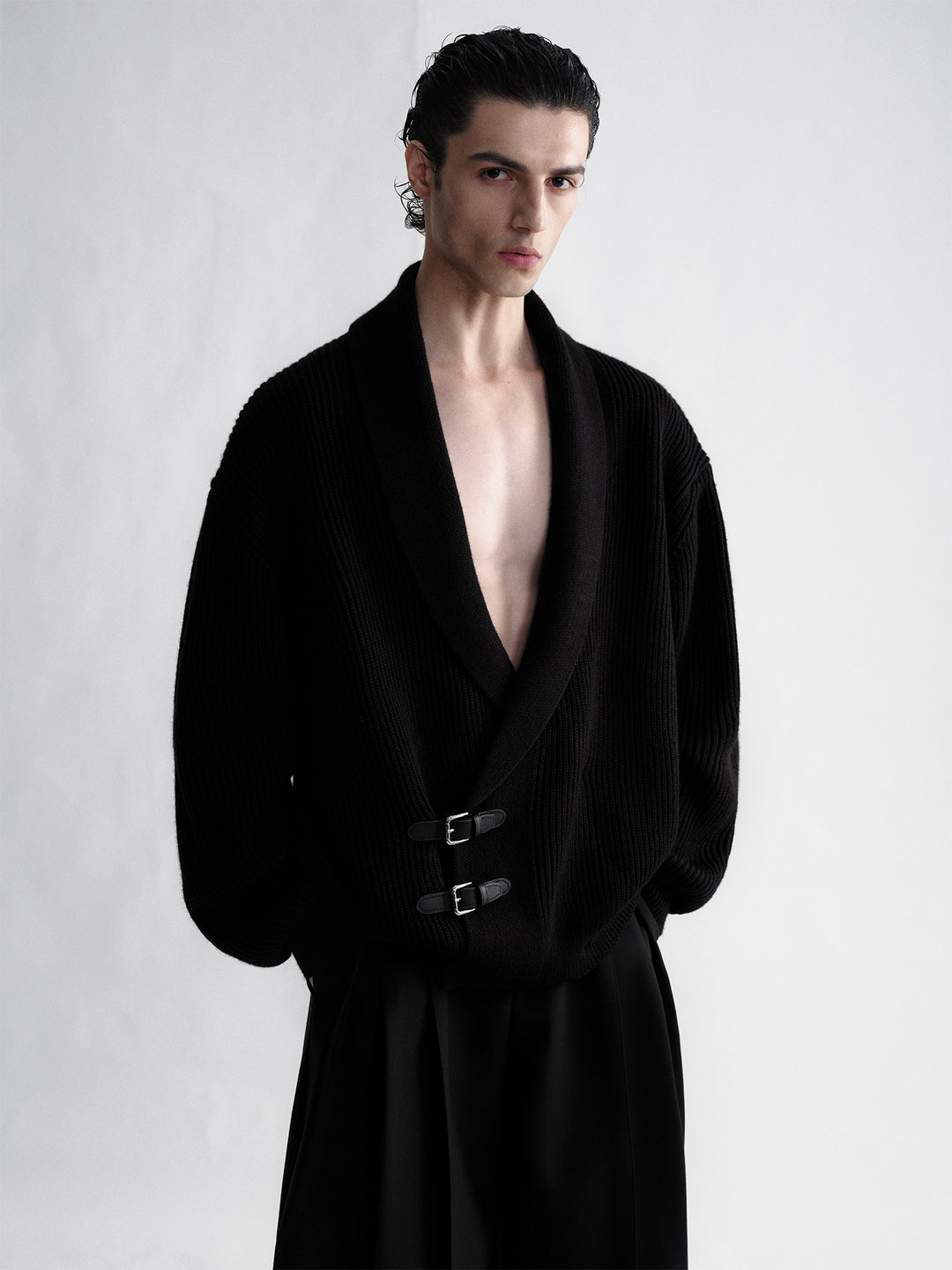 Shawl Collar Leather-Button Sweater