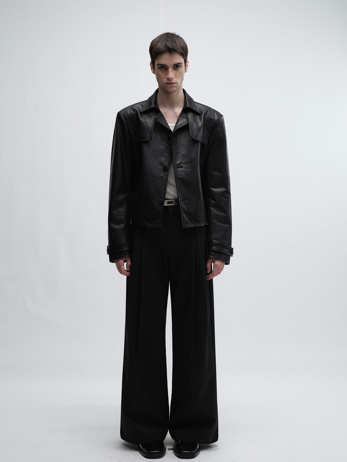 Woolen black striped wide leg pants