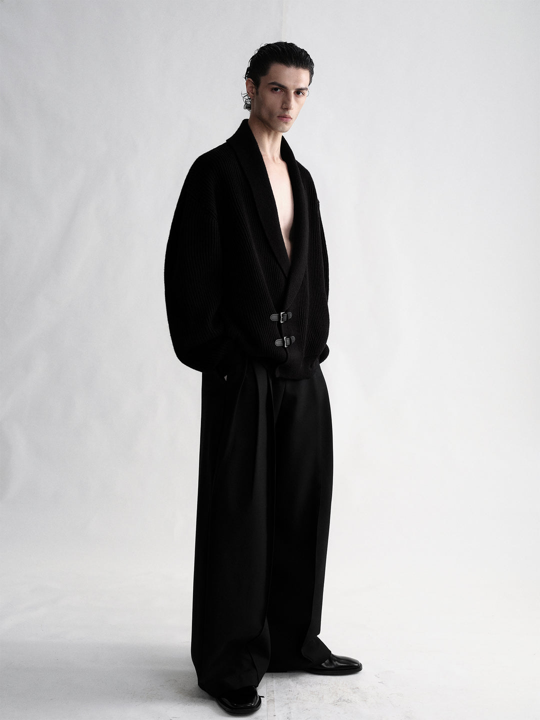 Shawl Collar Leather-Button Sweater