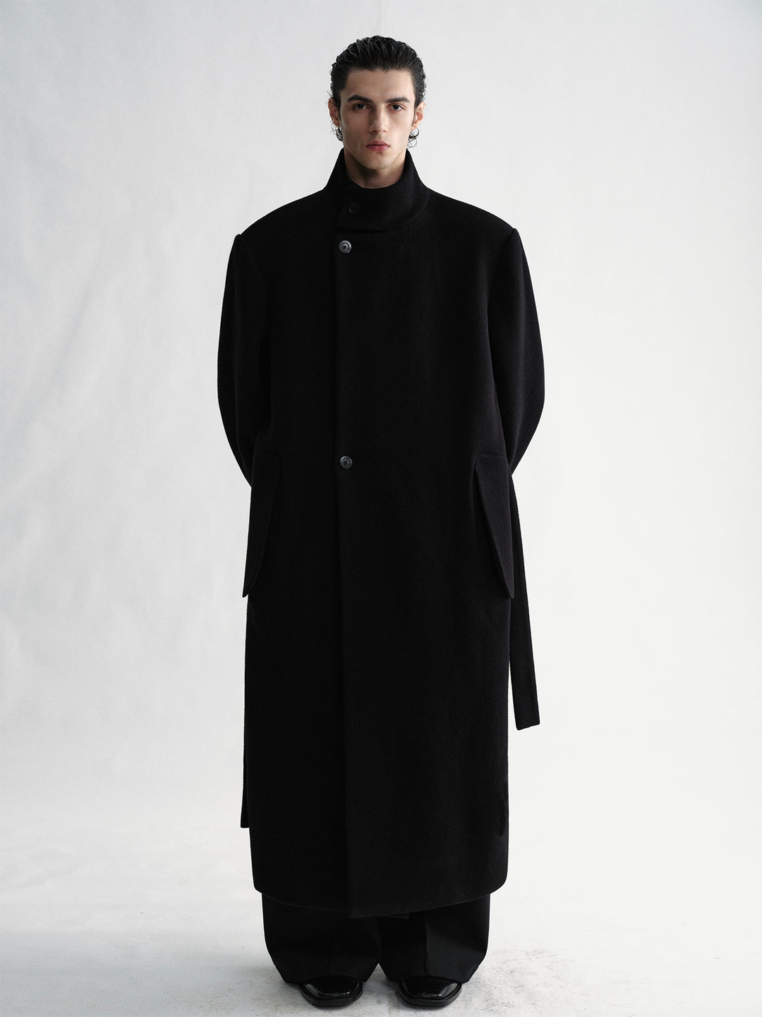 Stand-Up Collar Woolen Overcoat With Belt