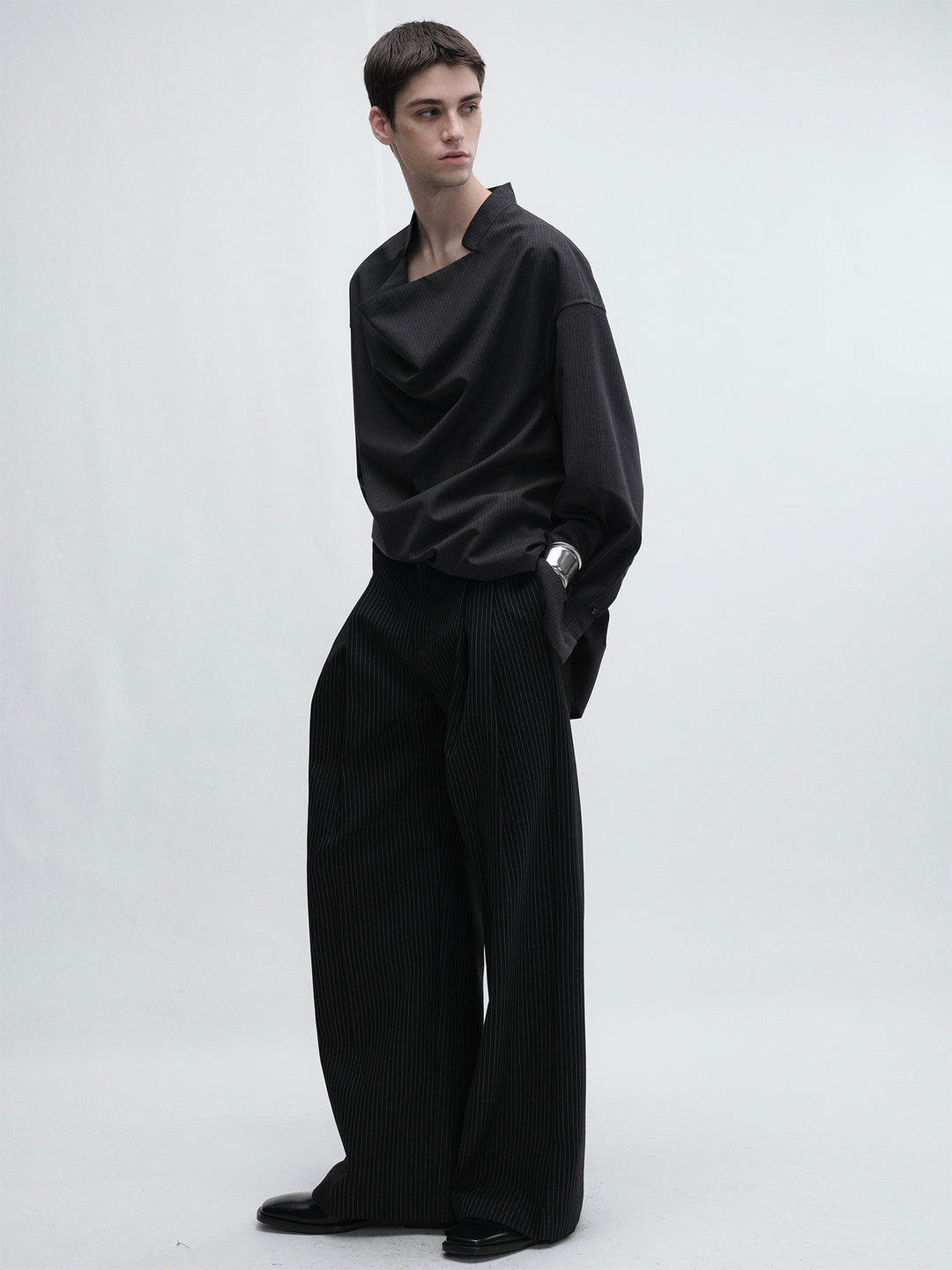 Woolen Black Striped Wide-Leg Pants