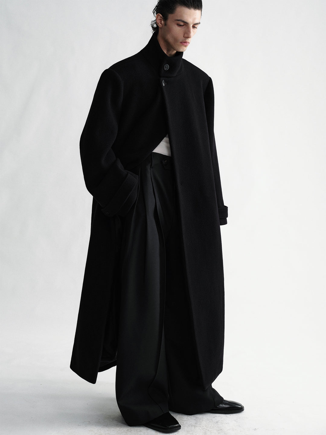 Stand-Up Collar Woolen Overcoat With Belt