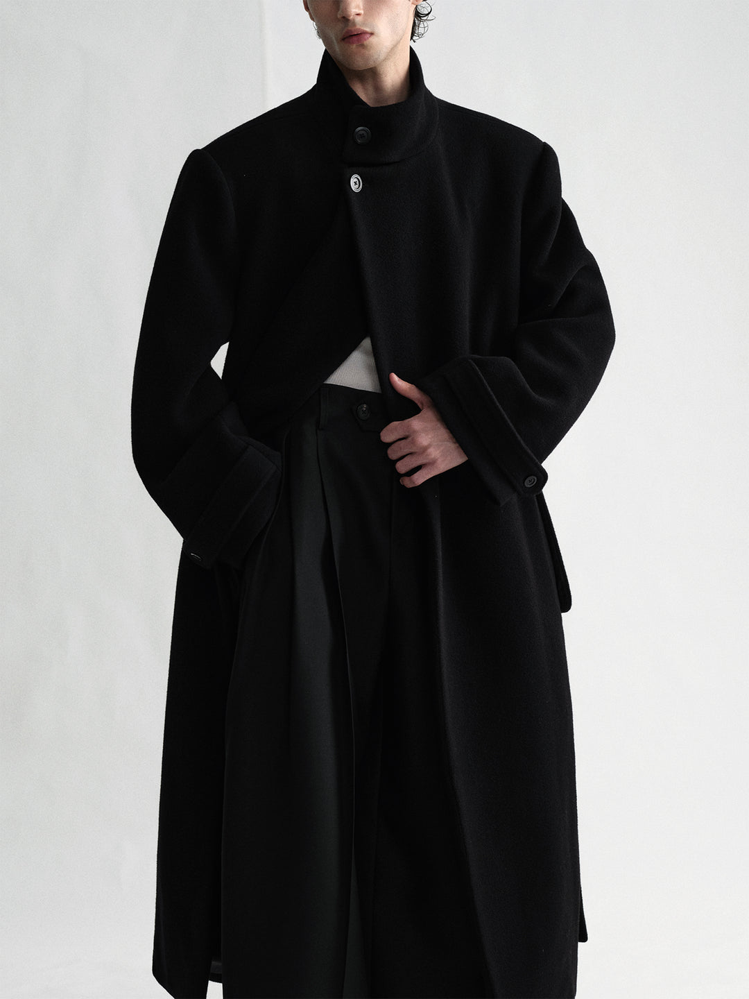 Stand-Up Collar Woolen Overcoat With Belt