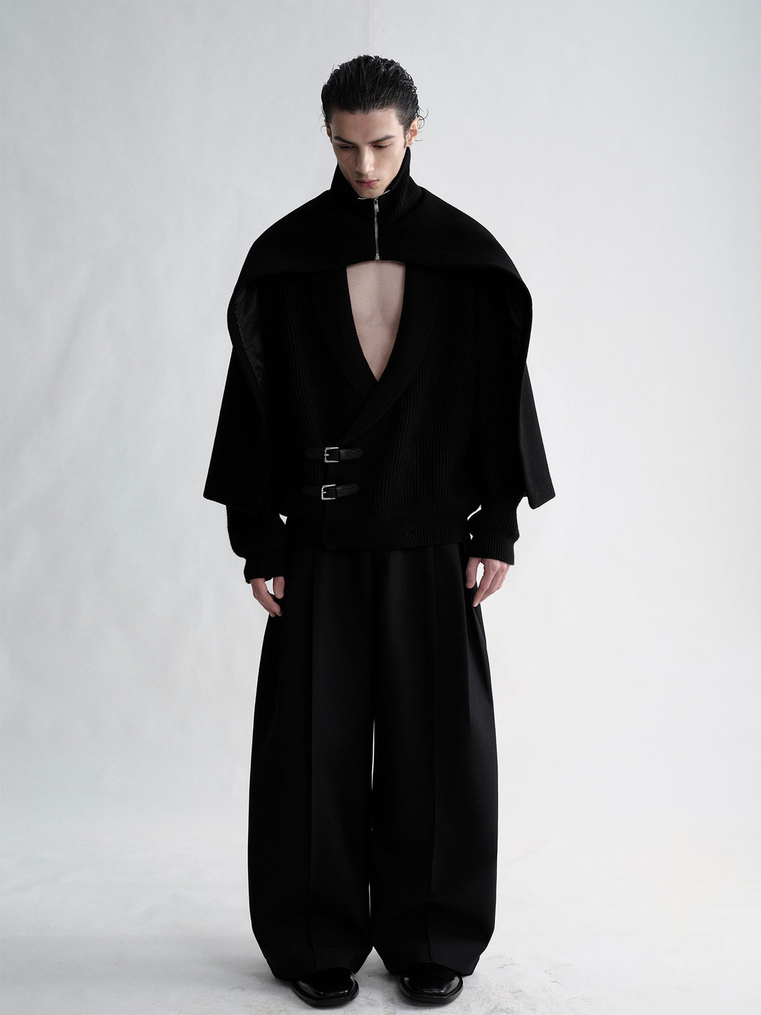 Shawl Collar Leather-Button Sweater