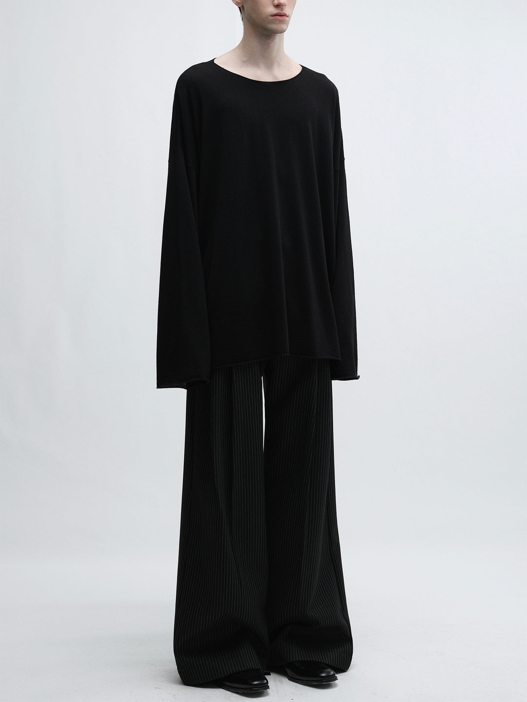 Woolen Black Striped Wide-Leg Pants