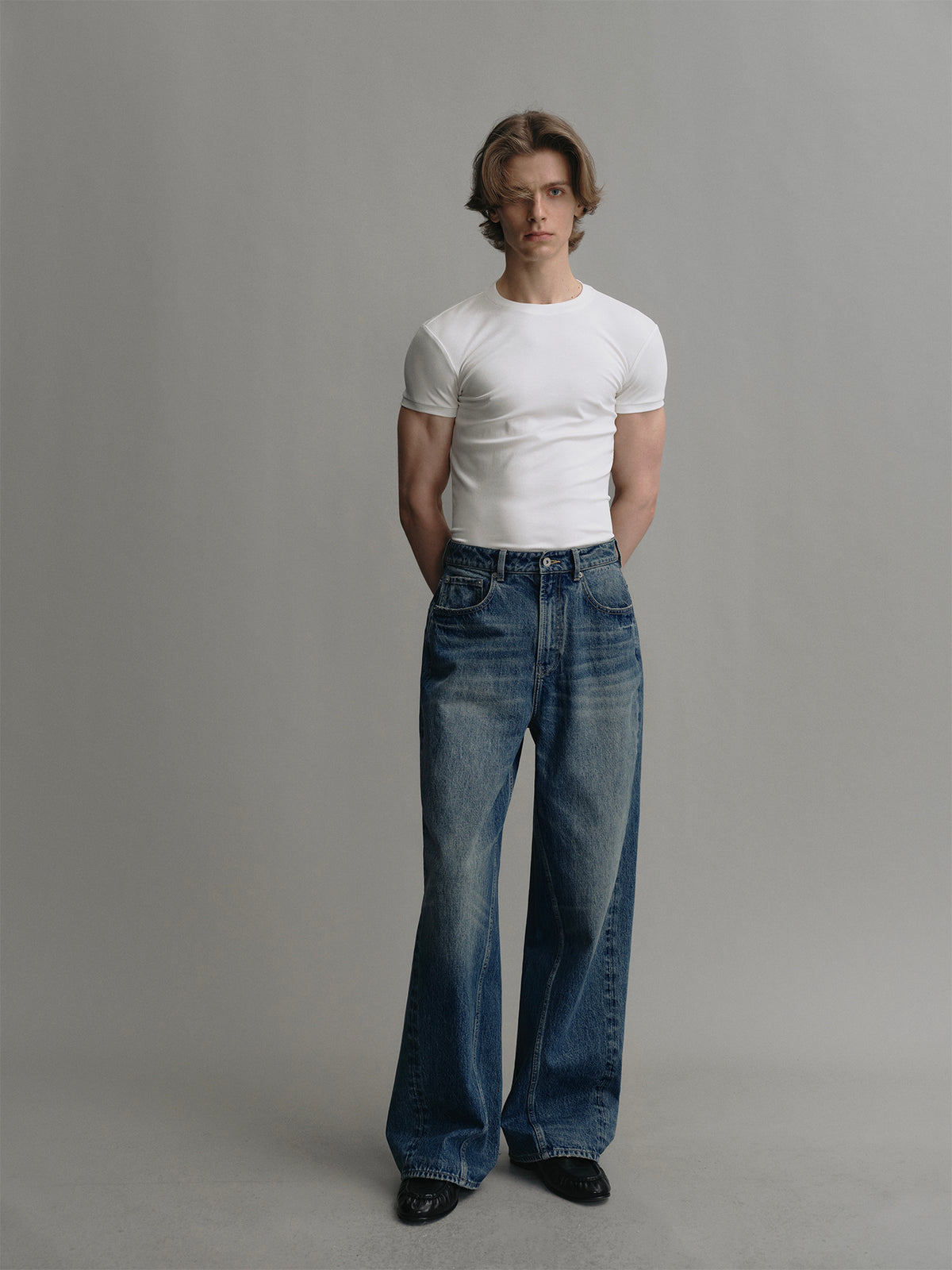 Retro dark blue washed denim wide leg pants