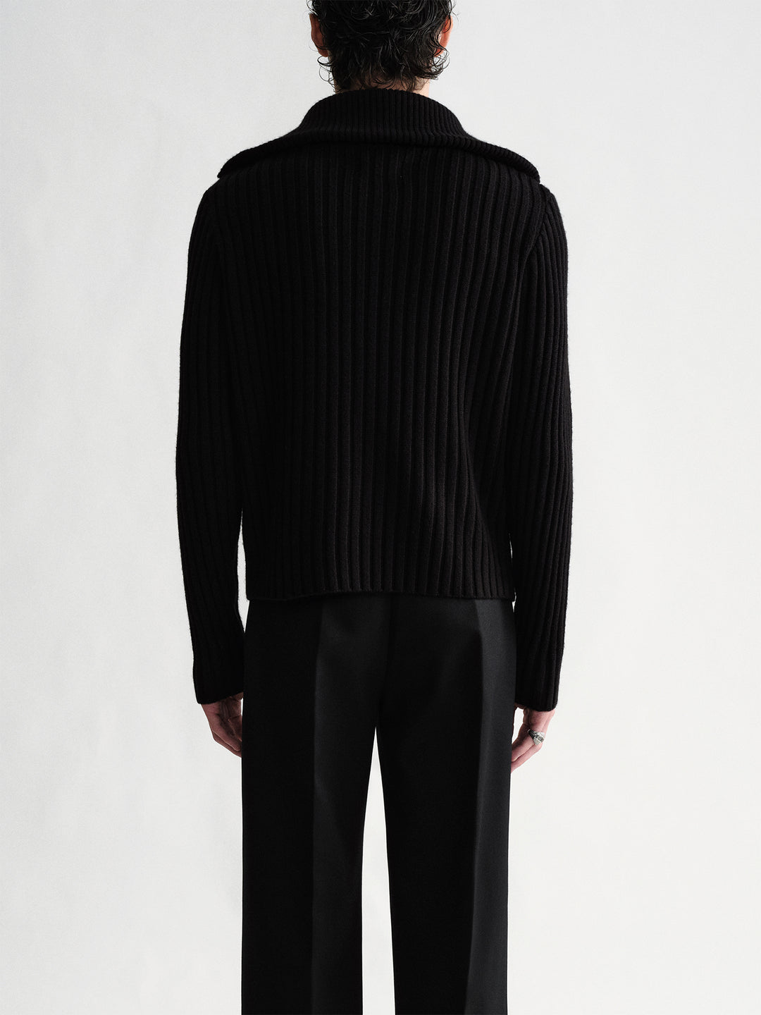 Short Wool Sweater With Black Ribbed Zipper Design