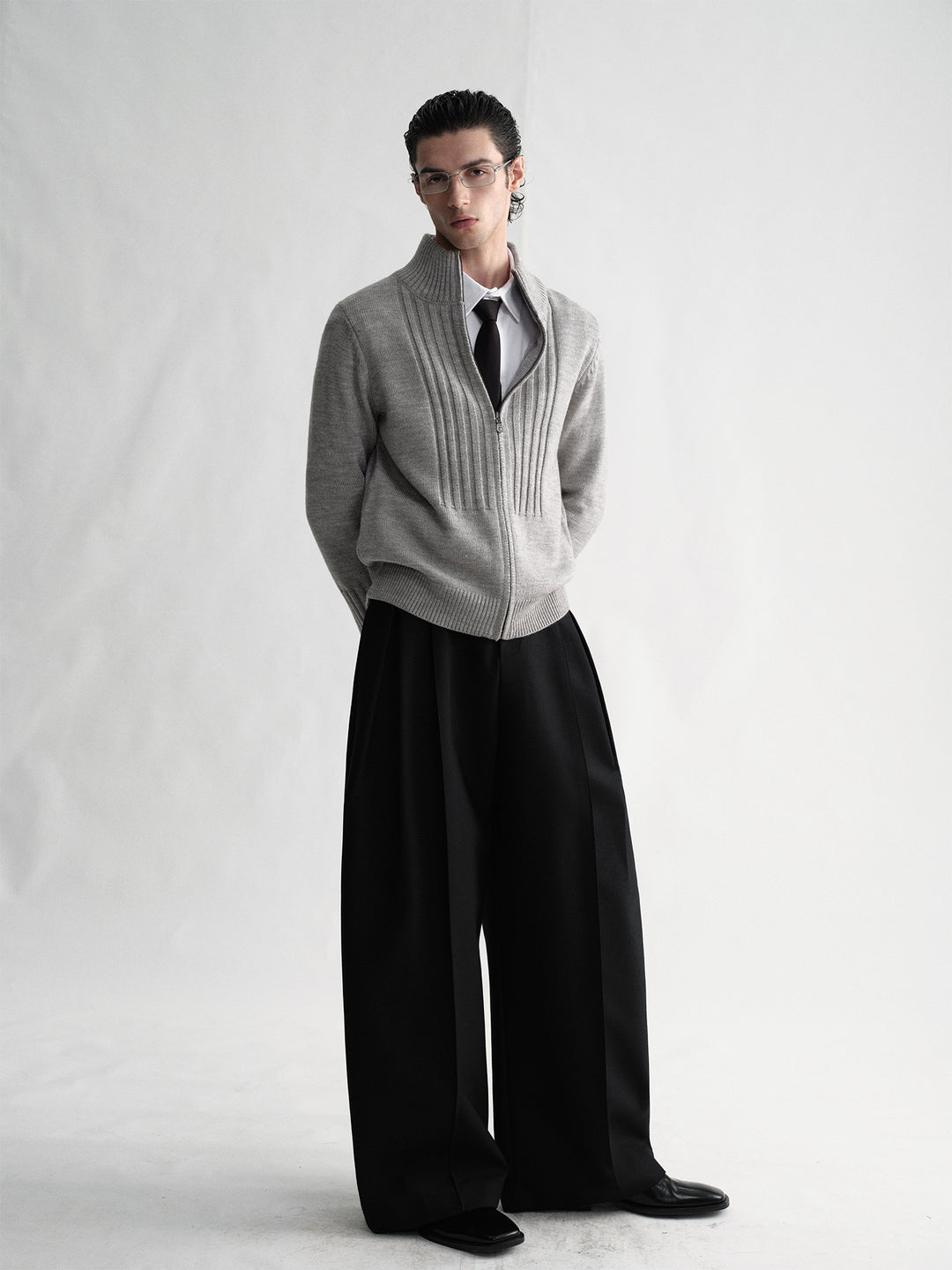 Stand-Up Collar Zip Light Gray Knit Cardigan