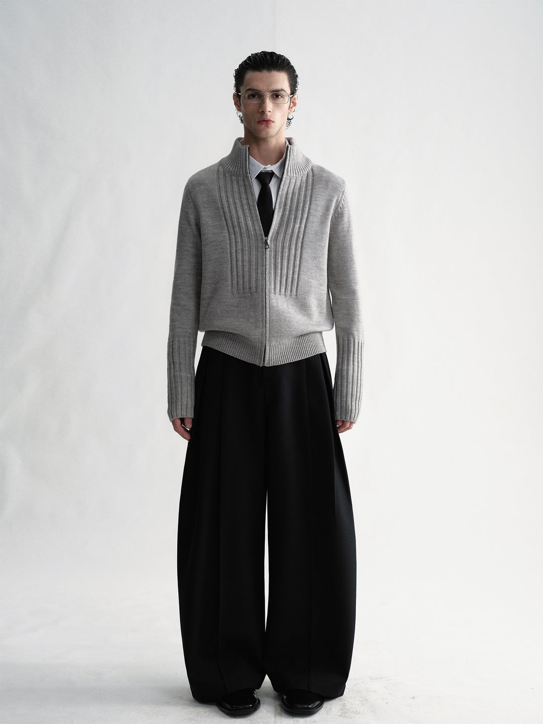 Stand-Up Collar Zip Light Gray Knit Cardigan