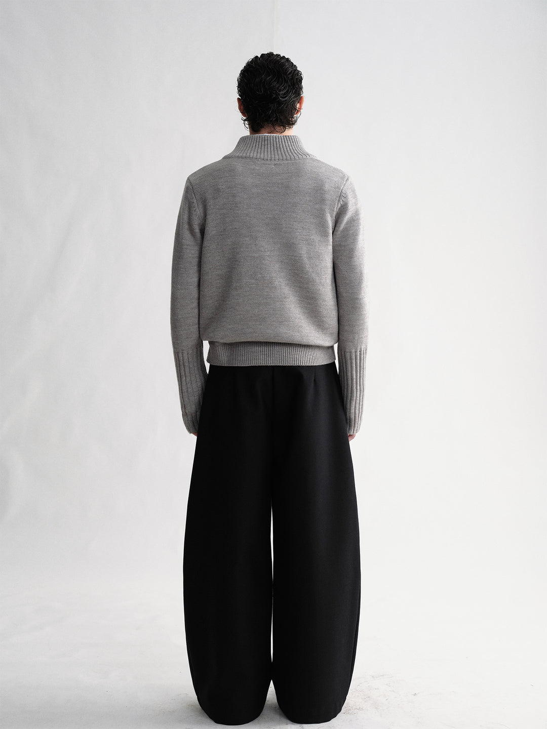 Stand-Up Collar Zip Light Gray Knit Cardigan