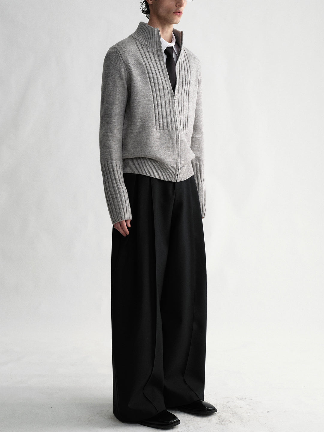 Stand-Up Collar Zip Light Gray Knit Cardigan